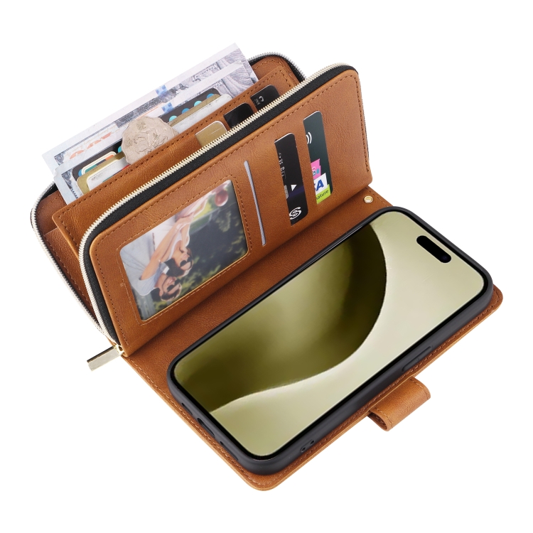 For iPhone 16 Pro 9 Card Slots Zipper Wallet Bag Leather Phone Case(Brown) For iPhone 16 Pro 9 Card Slots Zipper Wallet Bag Leather Phone Case(Brown)