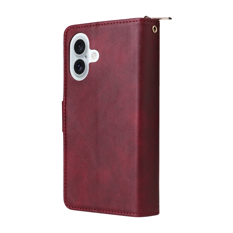 For iPhone 16 Plus 9 Card Slots Zipper Wallet Bag Leather Phone Case(Wine Red) For iPhone 16 Plus 9 Card Slots Zipper Wallet Bag Leather Phone Case(Wine Red)