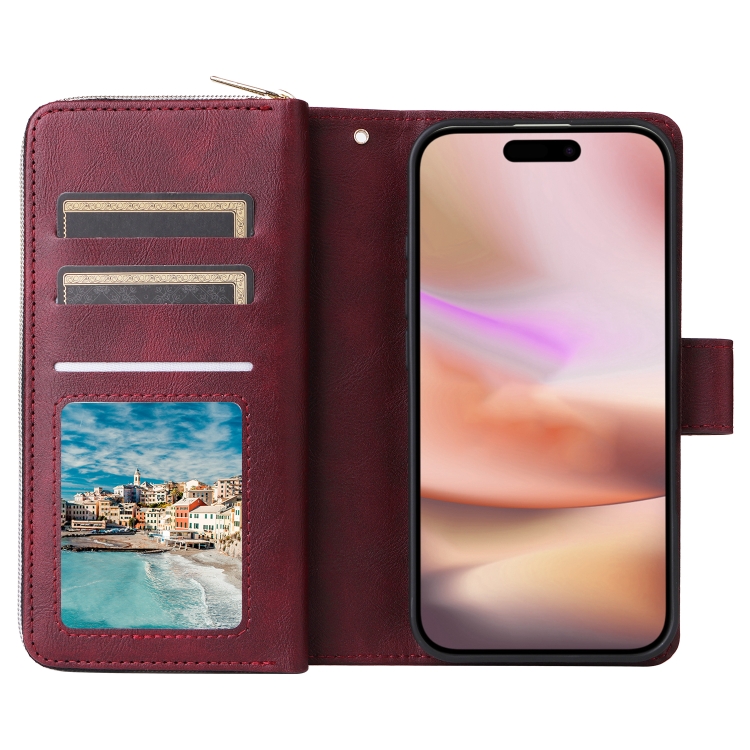 For iPhone 16 Plus 9 Card Slots Zipper Wallet Bag Leather Phone Case(Wine Red) For iPhone 16 Plus 9 Card Slots Zipper Wallet Bag Leather Phone Case(Wine Red)