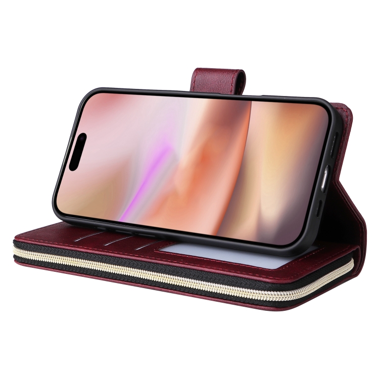 For iPhone 16 Plus 9 Card Slots Zipper Wallet Bag Leather Phone Case(Wine Red) For iPhone 16 Plus 9 Card Slots Zipper Wallet Bag Leather Phone Case(Wine Red)