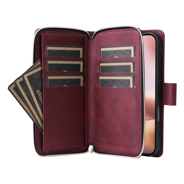 For iPhone 16 Plus 9 Card Slots Zipper Wallet Bag Leather Phone Case(Wine Red) For iPhone 16 Plus 9 Card Slots Zipper Wallet Bag Leather Phone Case(Wine Red)