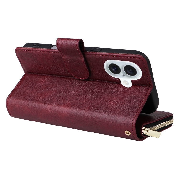 For iPhone 16 Plus 9 Card Slots Zipper Wallet Bag Leather Phone Case(Wine Red) For iPhone 16 Plus 9 Card Slots Zipper Wallet Bag Leather Phone Case(Wine Red)