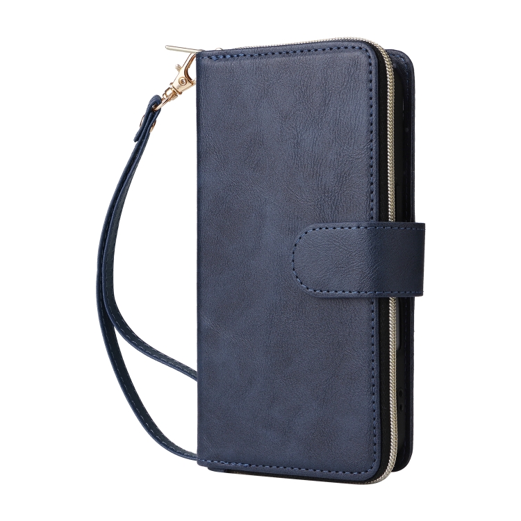For iPhone 16 9 Card Slots Zipper Wallet Bag Leather Phone Case(Blue) For iPhone 16 9 Card Slots Zipper Wallet Bag Leather Phone Case(Blue)