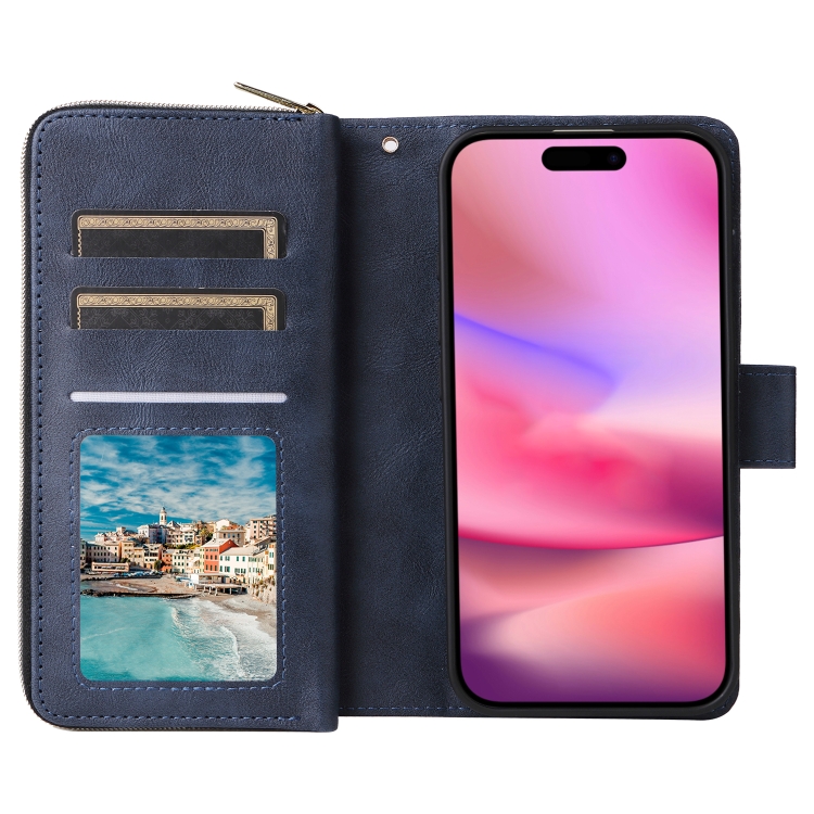 For iPhone 16 9 Card Slots Zipper Wallet Bag Leather Phone Case(Blue) For iPhone 16 9 Card Slots Zipper Wallet Bag Leather Phone Case(Blue)