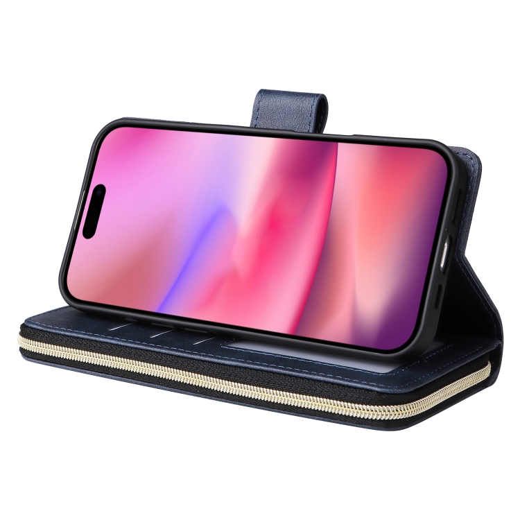 For iPhone 16 9 Card Slots Zipper Wallet Bag Leather Phone Case(Blue) For iPhone 16 9 Card Slots Zipper Wallet Bag Leather Phone Case(Blue)