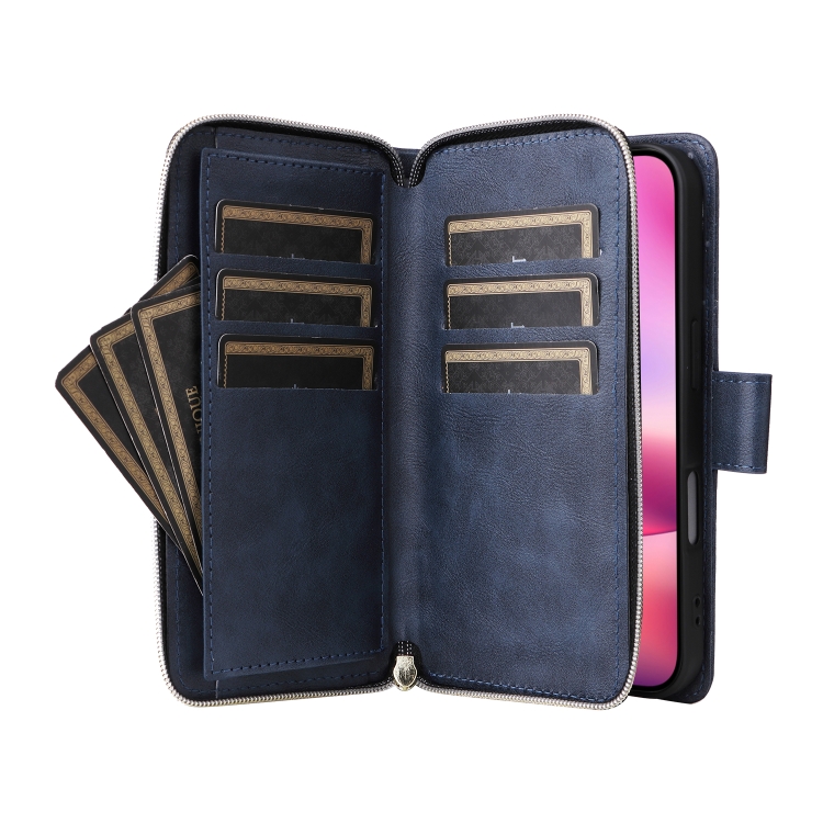 For iPhone 16 9 Card Slots Zipper Wallet Bag Leather Phone Case(Blue) For iPhone 16 9 Card Slots Zipper Wallet Bag Leather Phone Case(Blue)