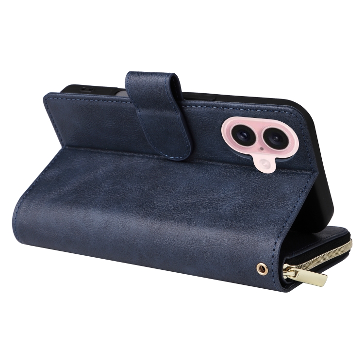 For iPhone 16 9 Card Slots Zipper Wallet Bag Leather Phone Case(Blue) For iPhone 16 9 Card Slots Zipper Wallet Bag Leather Phone Case(Blue)