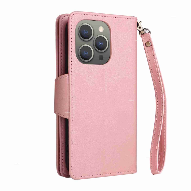 For iPhone 15 Pro Rivet Buckle 9 Cards Three Fold Leather Phone Case(Rose Gold) For iPhone 15 Pro Rivet Buckle 9 Cards Three Fold Leather Phone Case(Rose Gold)