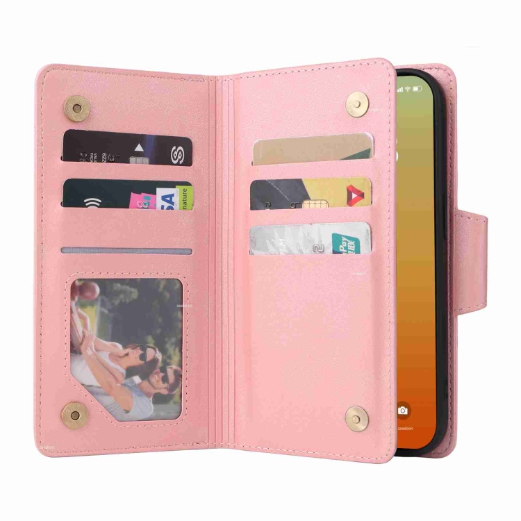 For iPhone 15 Pro Rivet Buckle 9 Cards Three Fold Leather Phone Case(Rose Gold) For iPhone 15 Pro Rivet Buckle 9 Cards Three Fold Leather Phone Case(Rose Gold)