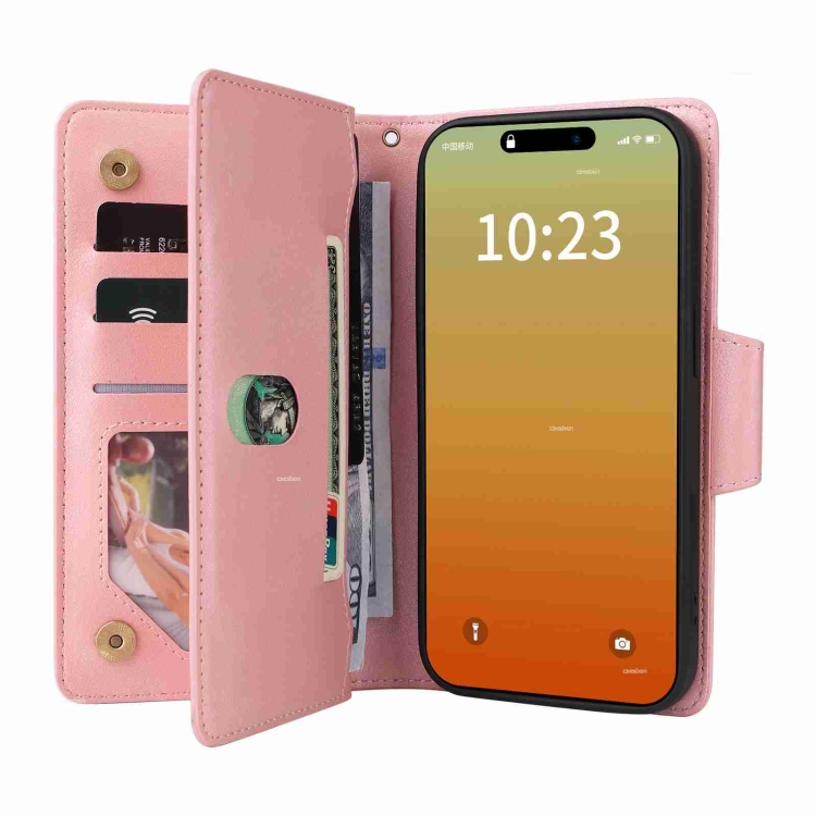For iPhone 15 Pro Rivet Buckle 9 Cards Three Fold Leather Phone Case(Rose Gold) For iPhone 15 Pro Rivet Buckle 9 Cards Three Fold Leather Phone Case(Rose Gold)