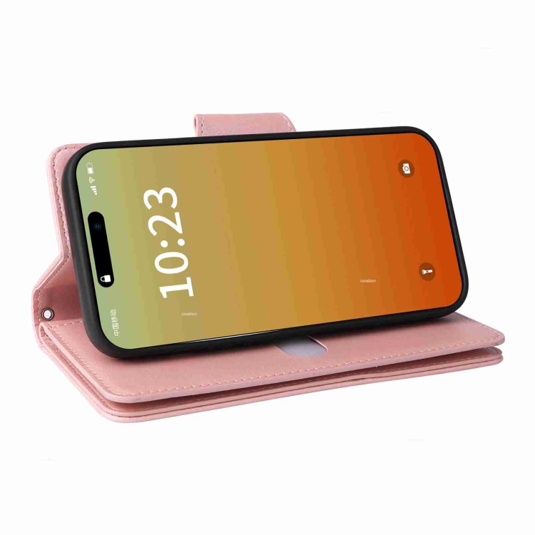 For iPhone 15 Pro Rivet Buckle 9 Cards Three Fold Leather Phone Case(Rose Gold) For iPhone 15 Pro Rivet Buckle 9 Cards Three Fold Leather Phone Case(Rose Gold)