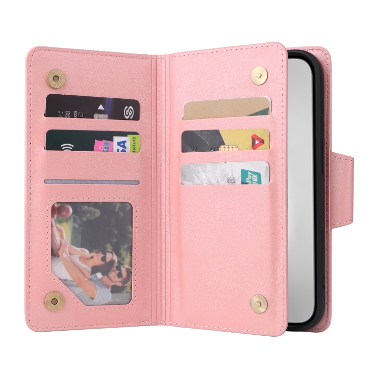 For iPhone 16 Pro Rivet Buckle 9 Cards Three Fold Leather Phone Case(Rose Gold) For iPhone 16 Pro Rivet Buckle 9 Cards Three Fold Leather Phone Case(Rose Gold)