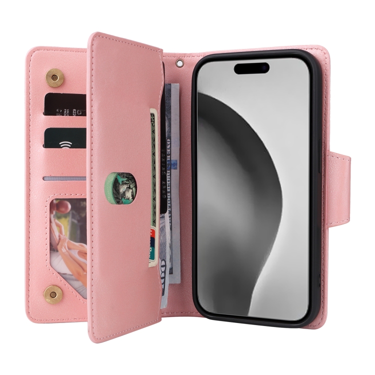 For iPhone 16 Pro Rivet Buckle 9 Cards Three Fold Leather Phone Case(Rose Gold) For iPhone 16 Pro Rivet Buckle 9 Cards Three Fold Leather Phone Case(Rose Gold)