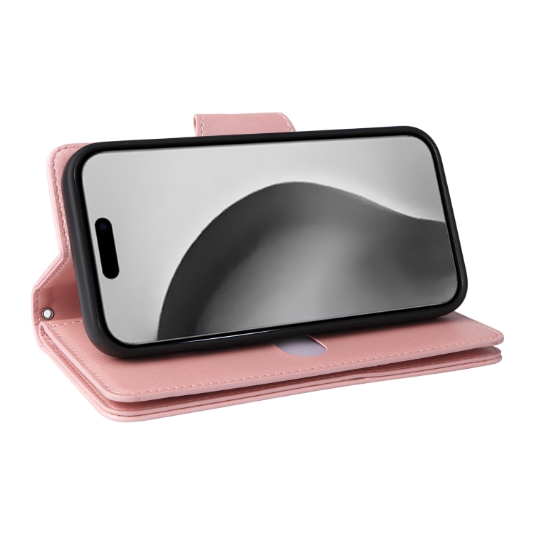For iPhone 16 Pro Rivet Buckle 9 Cards Three Fold Leather Phone Case(Rose Gold) For iPhone 16 Pro Rivet Buckle 9 Cards Three Fold Leather Phone Case(Rose Gold)