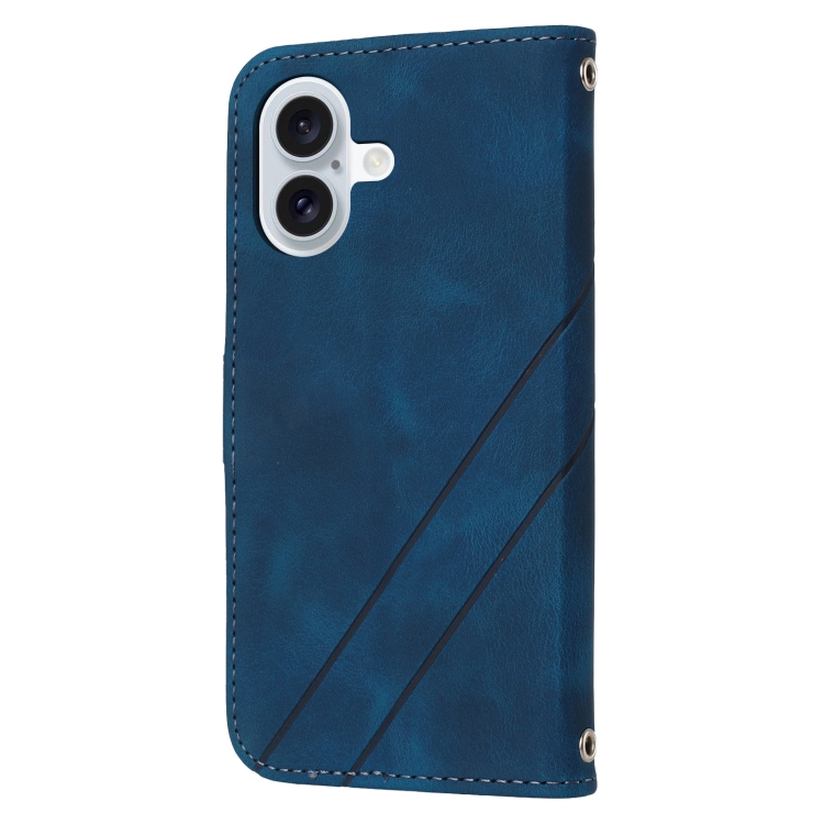 For iPhone 16 Embossed Line Leather Phone Case with Lanyard(Blue) For iPhone 16 Embossed Line Leather Phone Case with Lanyard(Blue)