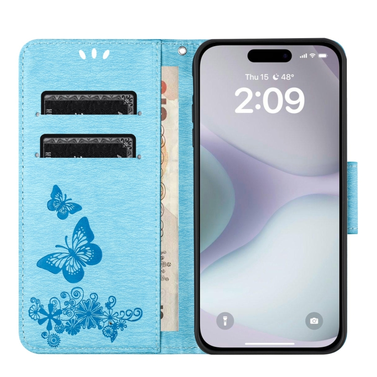 For iPhone 16 Butterfly Embossed Flip Leather Phone Case(Blue) For iPhone 16 Butterfly Embossed Flip Leather Phone Case(Blue)