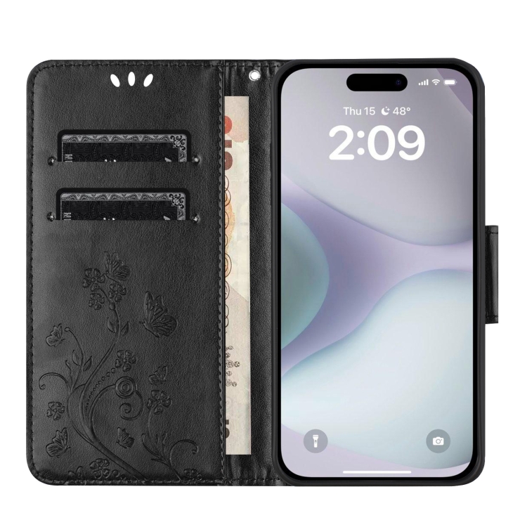 For iPhone 16 Butterfly Flower Pattern Flip Leather Phone Case(Black) For iPhone 16 Butterfly Flower Pattern Flip Leather Phone Case(Black)