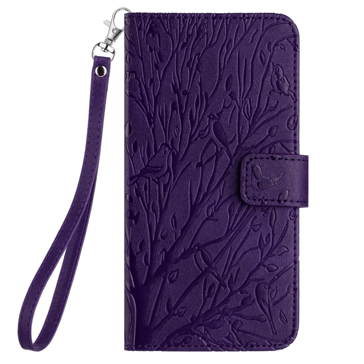 For iPhone 15 Tree Birds Embossed Pattern Leather Phone Case(Purple) For iPhone 15 Tree Birds Embossed Pattern Leather Phone Case(Purple)