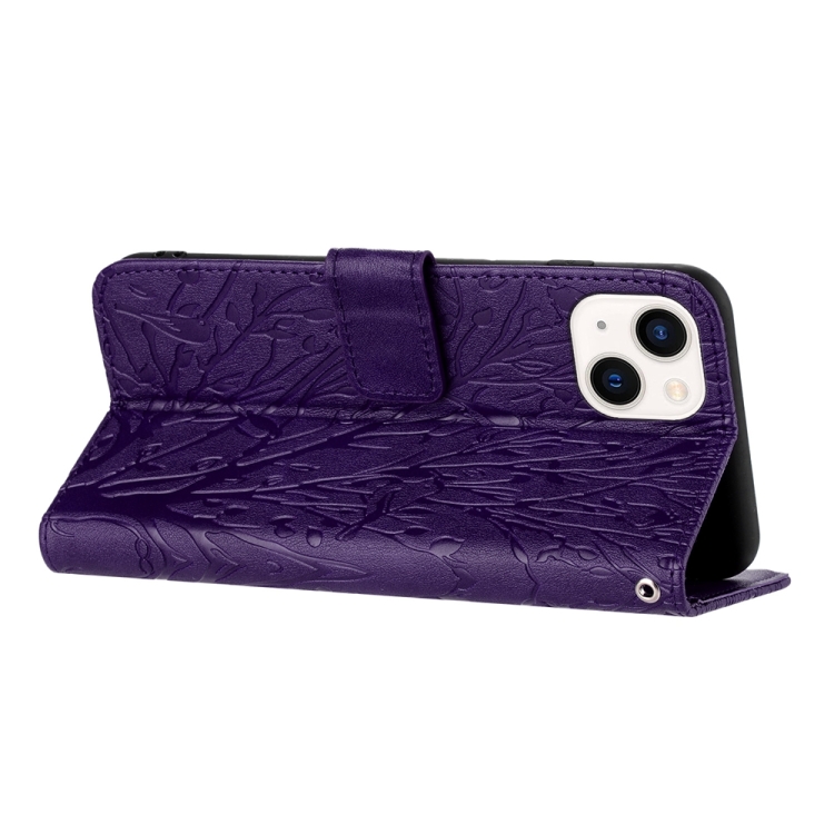 For iPhone 15 Tree Birds Embossed Pattern Leather Phone Case(Purple) For iPhone 15 Tree Birds Embossed Pattern Leather Phone Case(Purple)