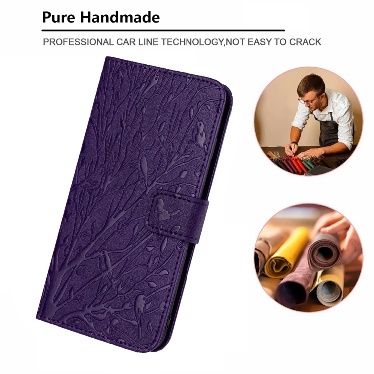 For iPhone 15 Tree Birds Embossed Pattern Leather Phone Case(Purple) For iPhone 15 Tree Birds Embossed Pattern Leather Phone Case(Purple)