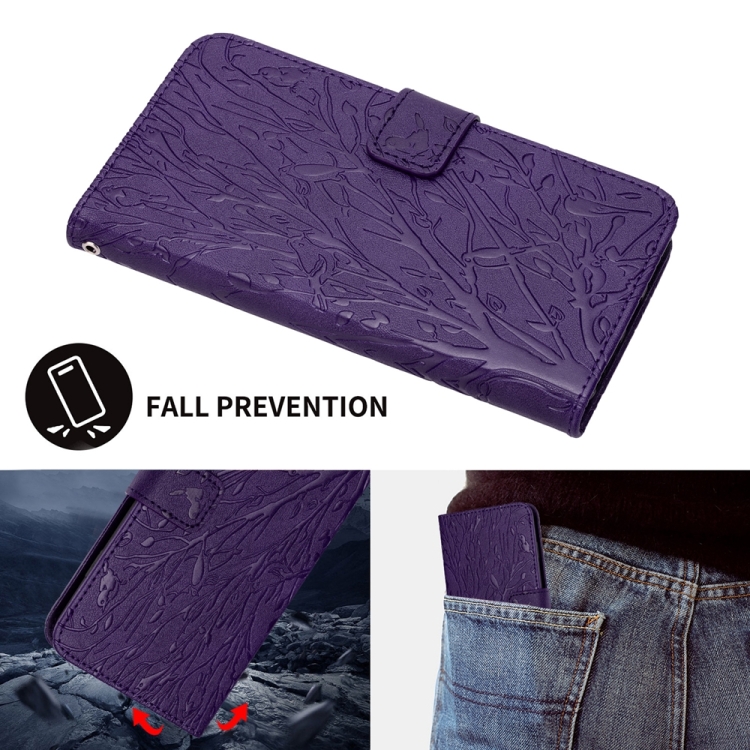 For iPhone 15 Tree Birds Embossed Pattern Leather Phone Case(Purple) For iPhone 15 Tree Birds Embossed Pattern Leather Phone Case(Purple)