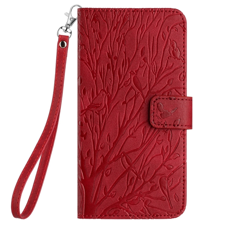 For iPhone 14 Plus Tree Birds Embossed Pattern Leather Phone Case(Red)