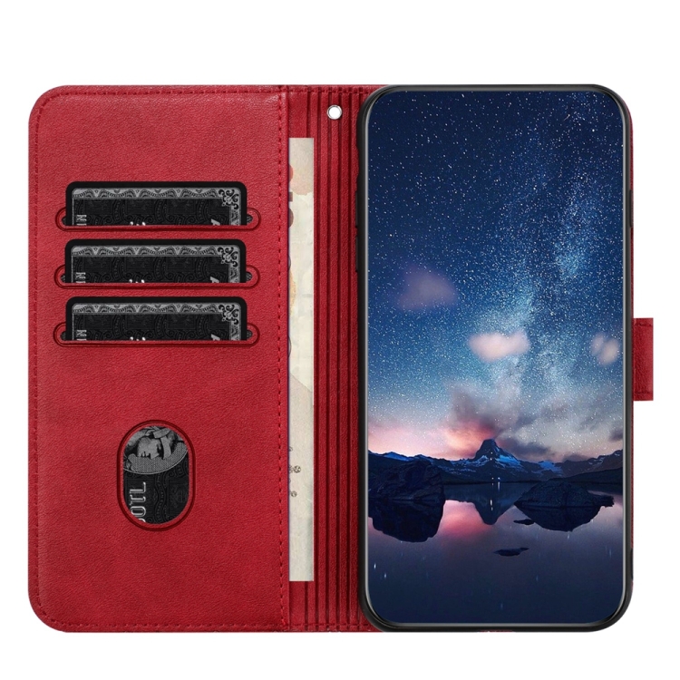 For iPhone 14 Plus Tree Birds Embossed Pattern Leather Phone Case(Red)