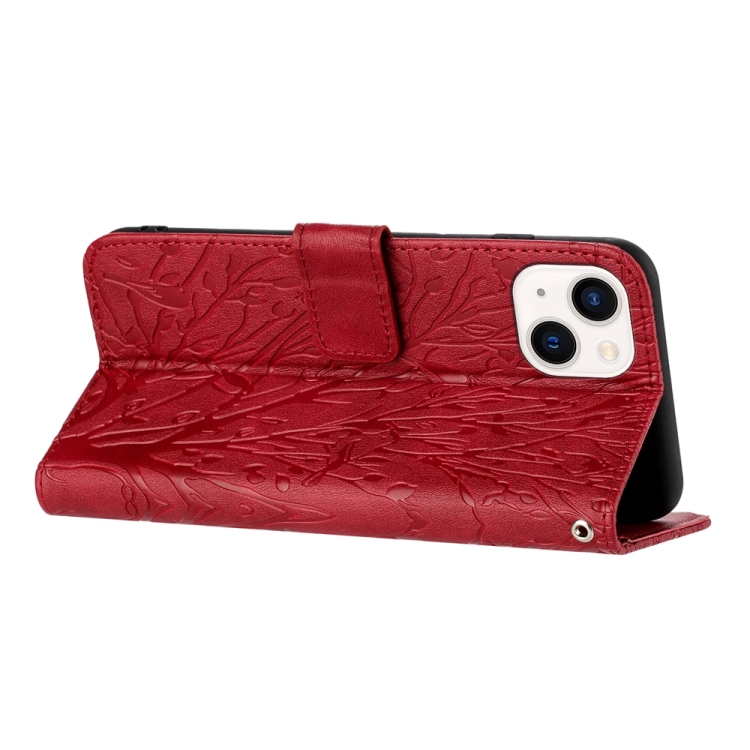 For iPhone 14 Plus Tree Birds Embossed Pattern Leather Phone Case(Red)