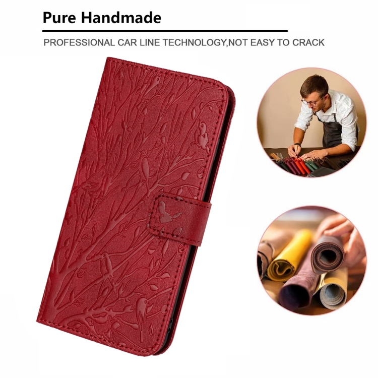 For iPhone 14 Plus Tree Birds Embossed Pattern Leather Phone Case(Red)