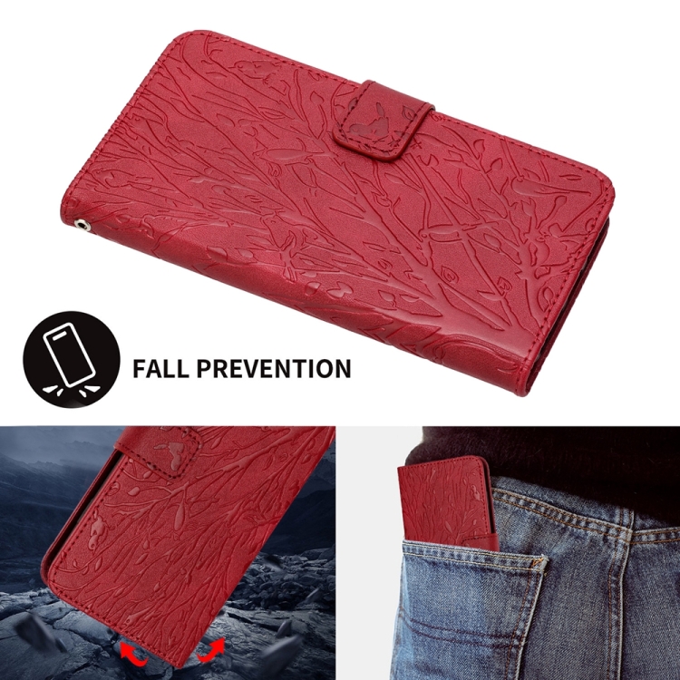 For iPhone 14 Plus Tree Birds Embossed Pattern Leather Phone Case(Red)