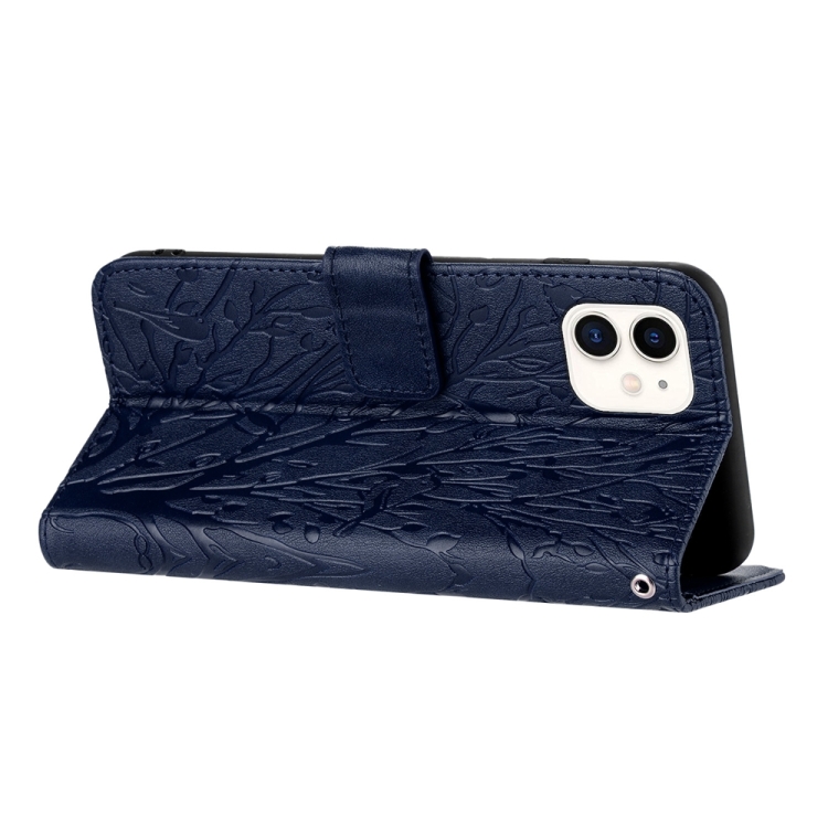 For iPhone 12 Tree Birds Embossed Pattern Leather Phone Case(Blue) For iPhone 12 Tree Birds Embossed Pattern Leather Phone Case(Blue)