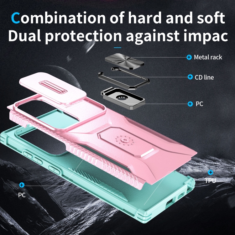 For Samsung Galaxy S24 Ultra 5G Sliding Camshield Holder Phone Case(Pink + Grey Green) For Samsung Galaxy S24 Ultra 5G Sliding Camshield Holder Phone Case(Pink + Grey Green)