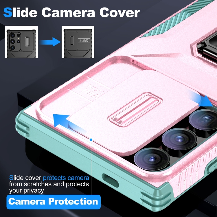 For Samsung Galaxy S24 Ultra 5G Sliding Camshield Holder Phone Case(Pink + Grey Green) For Samsung Galaxy S24 Ultra 5G Sliding Camshield Holder Phone Case(Pink + Grey Green)