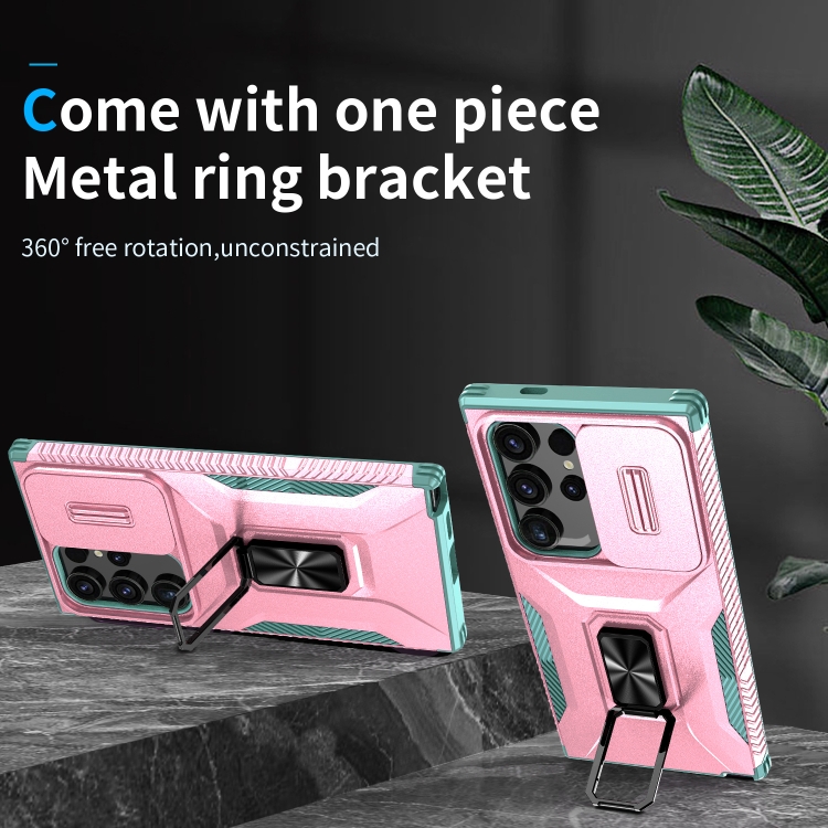 For Samsung Galaxy S24 Ultra 5G Sliding Camshield Holder Phone Case(Pink + Grey Green) For Samsung Galaxy S24 Ultra 5G Sliding Camshield Holder Phone Case(Pink + Grey Green)