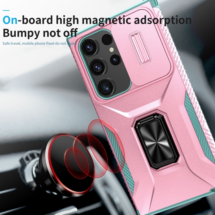 For Samsung Galaxy S24 Ultra 5G Sliding Camshield Holder Phone Case(Pink + Grey Green) For Samsung Galaxy S24 Ultra 5G Sliding Camshield Holder Phone Case(Pink + Grey Green)