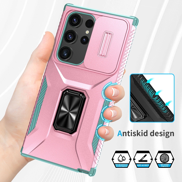 For Samsung Galaxy S24 Ultra 5G Sliding Camshield Holder Phone Case(Pink + Grey Green) For Samsung Galaxy S24 Ultra 5G Sliding Camshield Holder Phone Case(Pink + Grey Green)