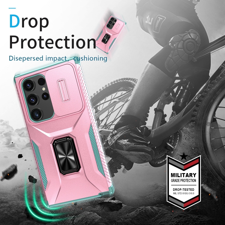 For Samsung Galaxy S24 Ultra 5G Sliding Camshield Holder Phone Case(Pink + Grey Green) For Samsung Galaxy S24 Ultra 5G Sliding Camshield Holder Phone Case(Pink + Grey Green)