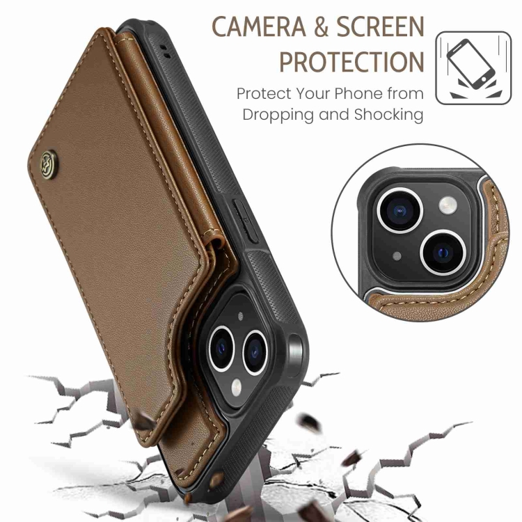 For iPhone 15 CaseMe C22 Card Slots Holder RFID Anti-theft Phone Case(Brown) For iPhone 15 CaseMe C22 Card Slots Holder RFID Anti-theft Phone Case(Brown)