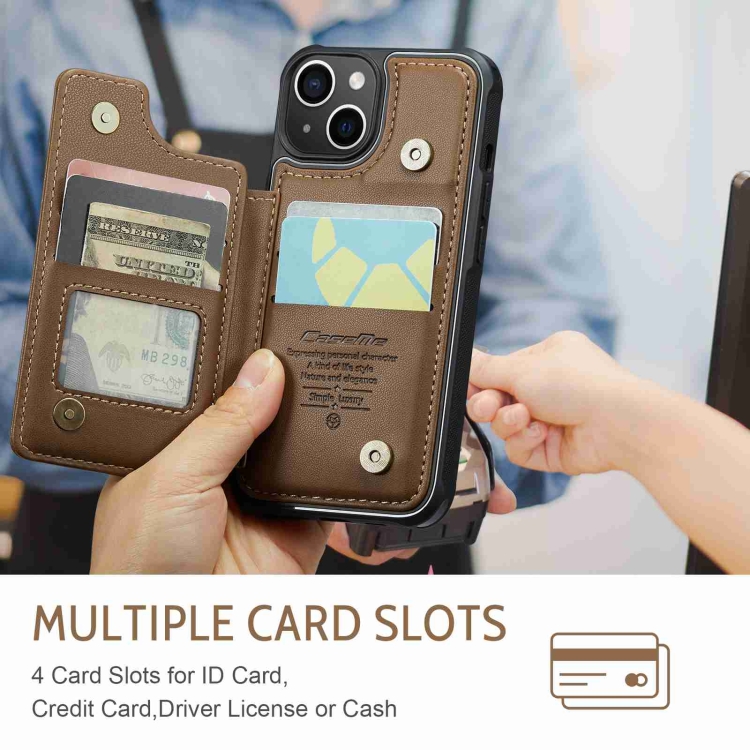 For iPhone 15 CaseMe C22 Card Slots Holder RFID Anti-theft Phone Case(Brown) For iPhone 15 CaseMe C22 Card Slots Holder RFID Anti-theft Phone Case(Brown)