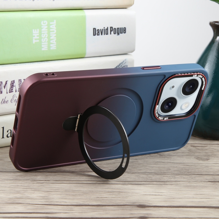 For iPhone 15 Plus Gradient MagSafe Holder Liquid TPU Hybrid PC Phone Case(Blue Wine Red) For iPhone 15 Plus Gradient MagSafe Holder Liquid TPU Hybrid PC Phone Case(Blue Wine Red)