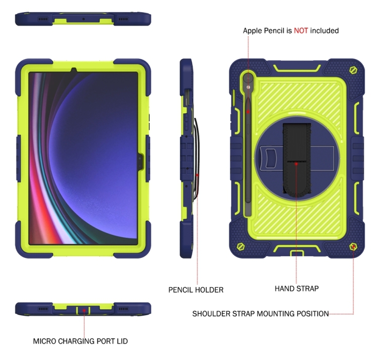 For Samsung Galaxy Tab S9 360 Degree Rotation PC Contrast Silicone Tablet Case(Navy Blue + Yellow Green) For Samsung Galaxy Tab S9 360 Degree Rotation PC Contrast Silicone Tablet Case(Navy Blue + Yellow Green)