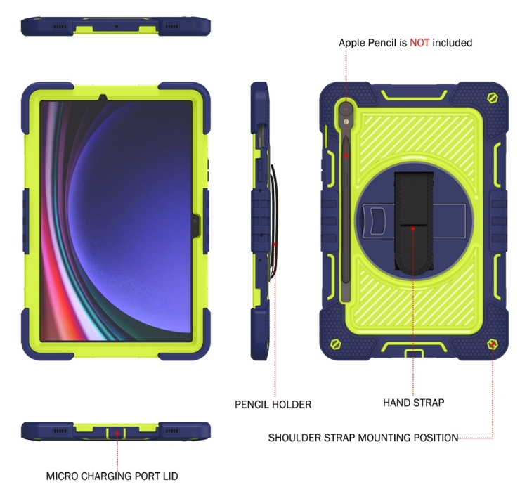 Para Samsung Galaxy Tab S9 Funda para tableta de silicona con contraste para PC con rotación de 360 ​​grados (azul marino + verde amarillo) - 1