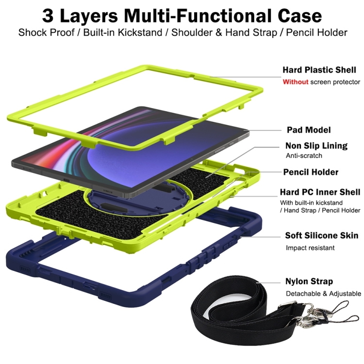 Para Samsung Galaxy Tab S9 Funda para tableta de silicona con contraste para PC con rotación de 360 ​​grados (azul marino + verde amarillo) - 2