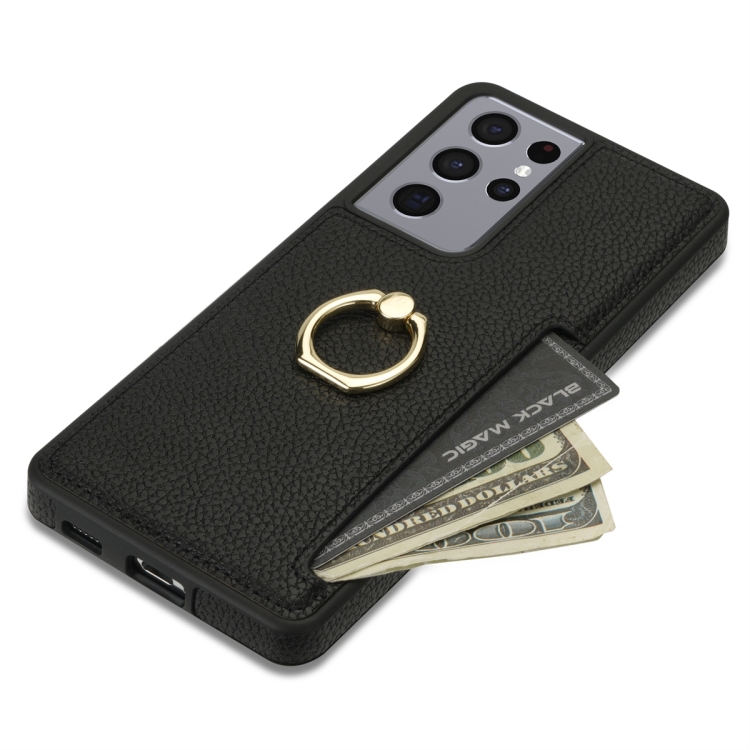 For Samsung Galaxy S21 Ultra 5G Ring Card Litchi Leather Back Phone Case(Black) For Samsung Galaxy S21 Ultra 5G Ring Card Litchi Leather Back Phone Case(Black)