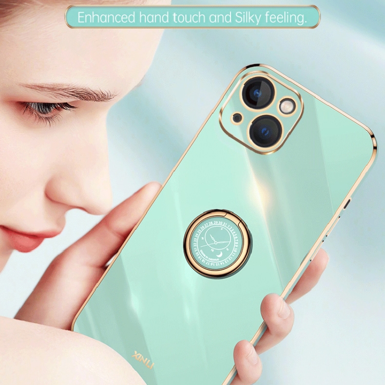 For iPhone 15 XINLI Straight Edge 6D Electroplate TPU Phone Case with Ring Holder(Mint Green) For iPhone 15 XINLI Straight Edge 6D Electroplate TPU Phone Case with Ring Holder(Mint Green)