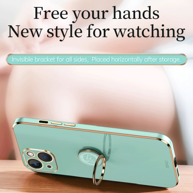 For iPhone 15 XINLI Straight Edge 6D Electroplate TPU Phone Case with Ring Holder(Mint Green) For iPhone 15 XINLI Straight Edge 6D Electroplate TPU Phone Case with Ring Holder(Mint Green)