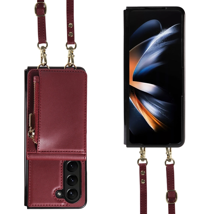 For Samsung Galaxy Z Fold5 5G Crossbody Lanyard Zipper Wallet Leather Phone Case(Wine Red) For Samsung Galaxy Z Fold5 5G Crossbody Lanyard Zipper Wallet Leather Phone Case(Wine Red)