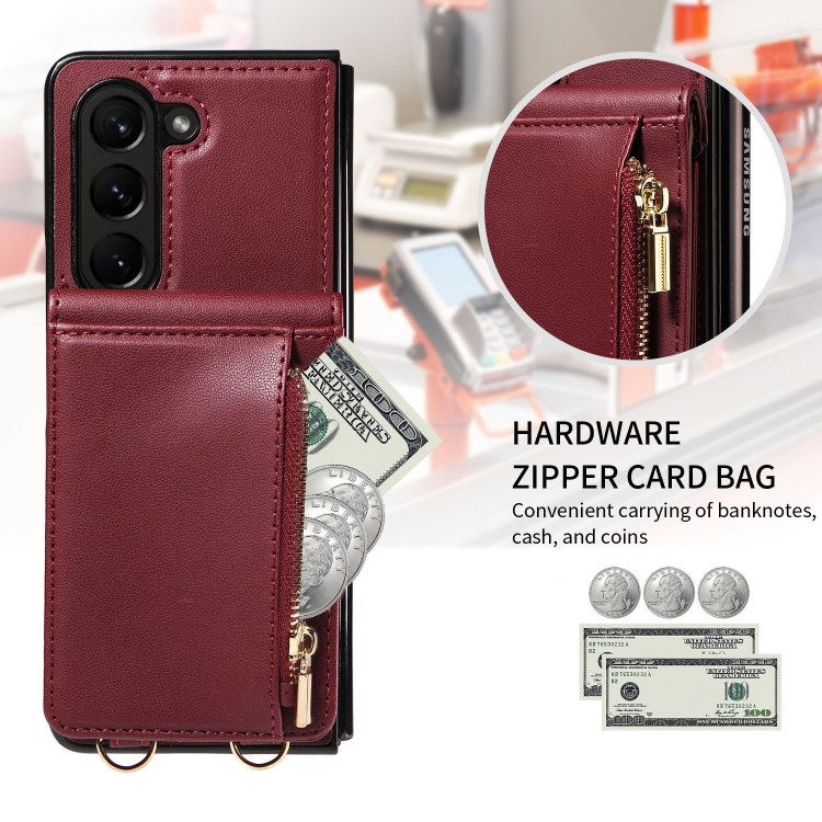 For Samsung Galaxy Z Fold5 5G Crossbody Lanyard Zipper Wallet Leather Phone Case(Wine Red) For Samsung Galaxy Z Fold5 5G Crossbody Lanyard Zipper Wallet Leather Phone Case(Wine Red)