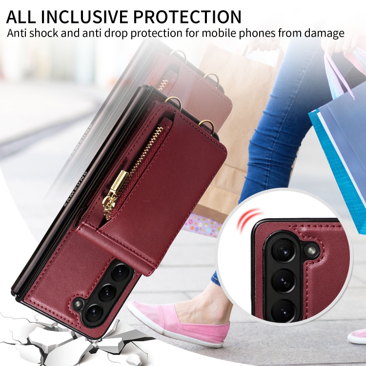 For Samsung Galaxy Z Fold5 5G Crossbody Lanyard Zipper Wallet Leather Phone Case(Wine Red) For Samsung Galaxy Z Fold5 5G Crossbody Lanyard Zipper Wallet Leather Phone Case(Wine Red)