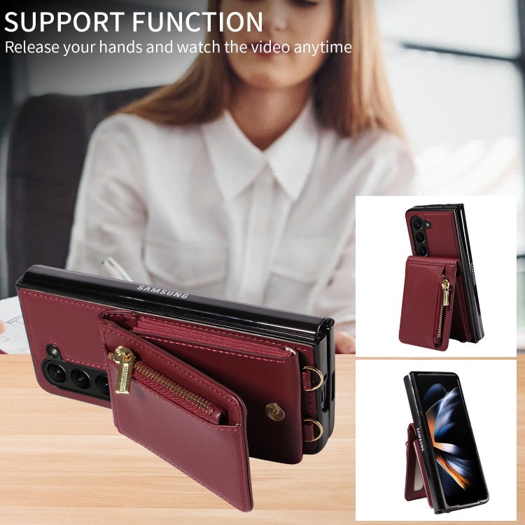 For Samsung Galaxy Z Fold5 5G Crossbody Lanyard Zipper Wallet Leather Phone Case(Wine Red) For Samsung Galaxy Z Fold5 5G Crossbody Lanyard Zipper Wallet Leather Phone Case(Wine Red)